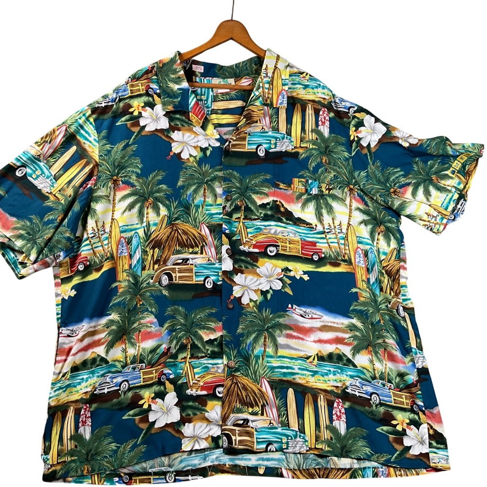 Paradise Bay Hawaiian Shirt Mens‎ 3XL Blue Woodie Car Surfboard Rayon Excellent